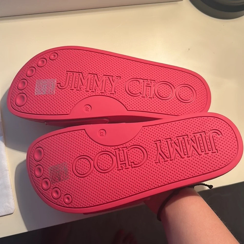 Jimmy Choo Womens 37 Azari/F Leather Embossed Slides Sandals Dragon Fruit Pink